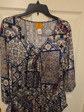 Ruby Rd. Navy and Cream Patchwork V-Neck Tunic with Tie